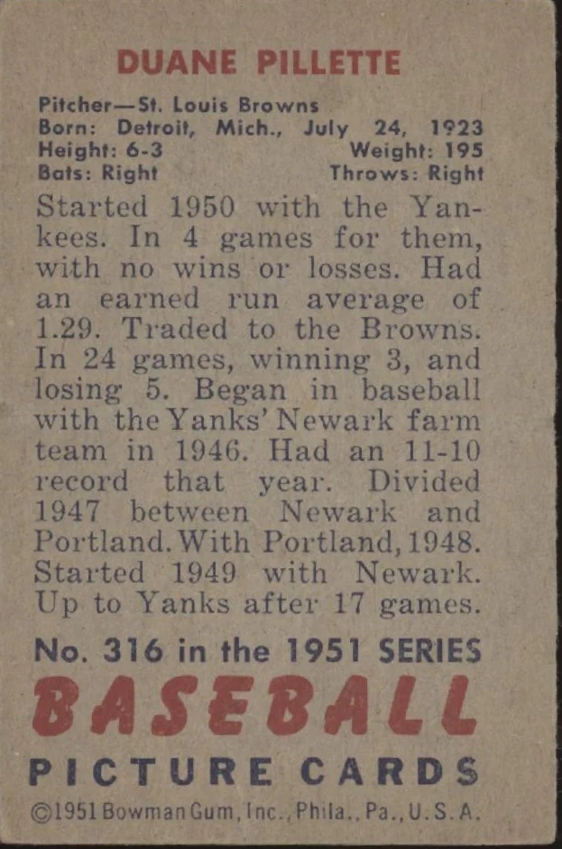1803-duane-pillette-1951-bowman-rc-316-st.-louis-browns-vg-ex-2.webp Duane Pillette 1951 Bowman RC #316 St. Louis Browns VG-EX