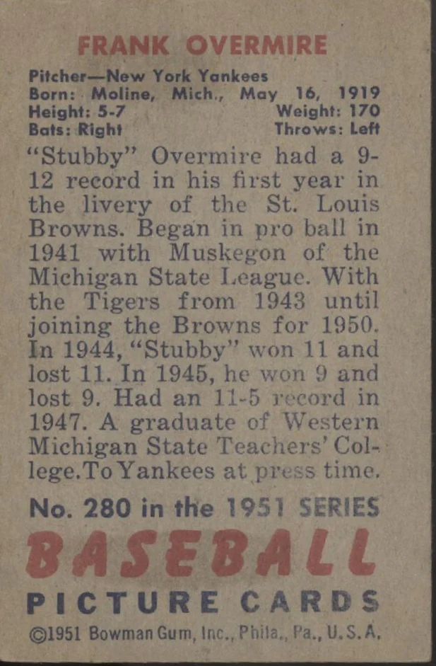 Frank Overmire 1951 Bowman #280 St. Louis Browns VG