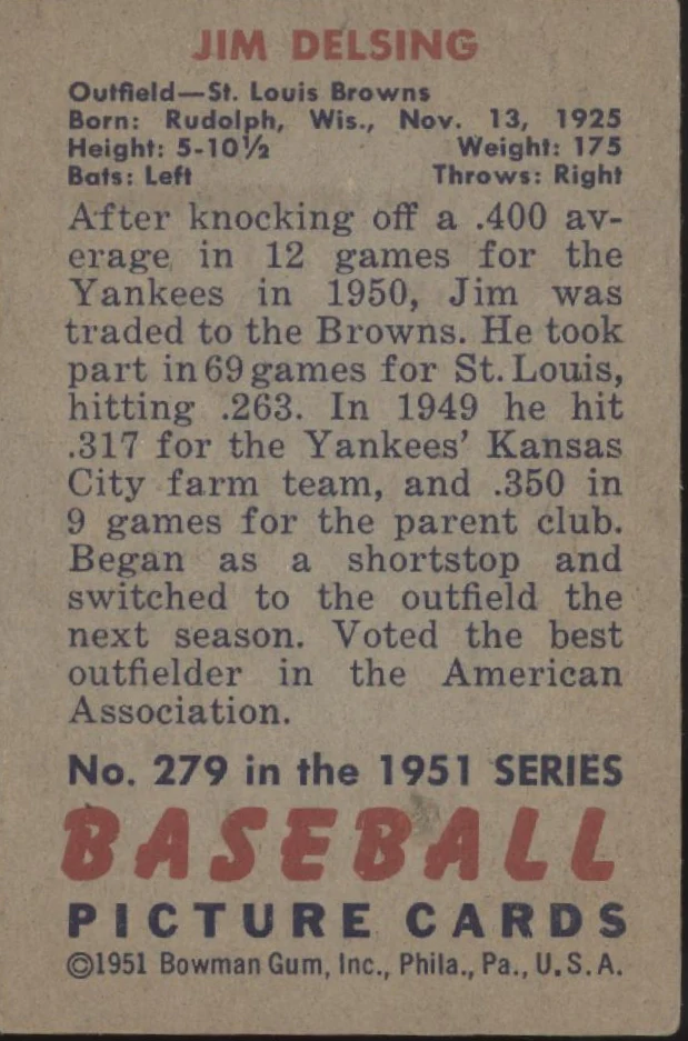 1807-jim-delsing-1951-bowman-rc-279-st.-louis-browns-vg-ex-2.webp Jim Delsing 1951 Bowman RC #279 St. Louis Browns VG-EX