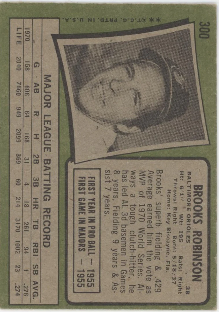 Brooks Robinson 1971 Topps #300 Baltimore Orioles VG #3