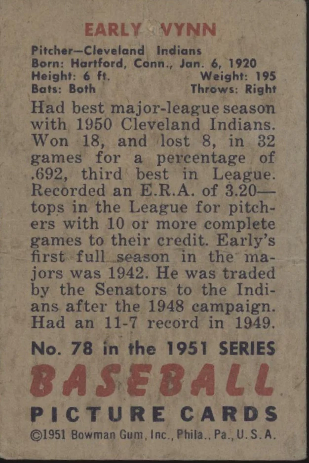 Early Wynn 1951 Bowman #78 Cleveland Indians GD