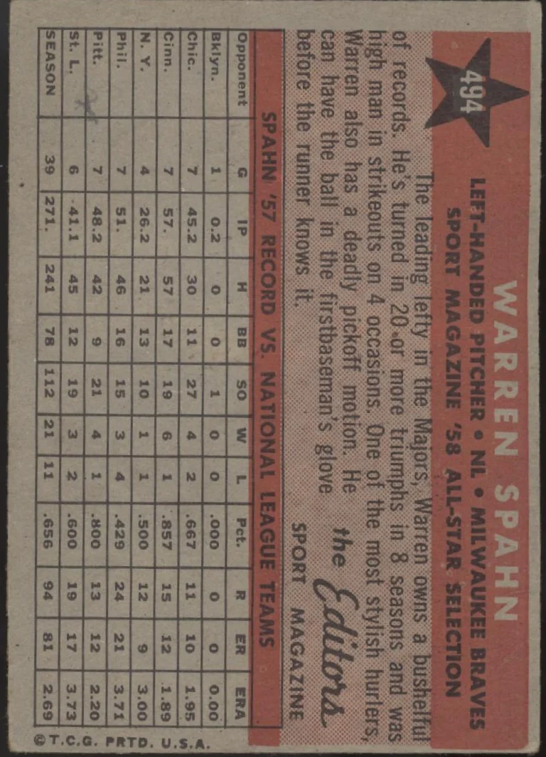 Warren Spahn 1958 Topps #494 Milwaukee Braves EX