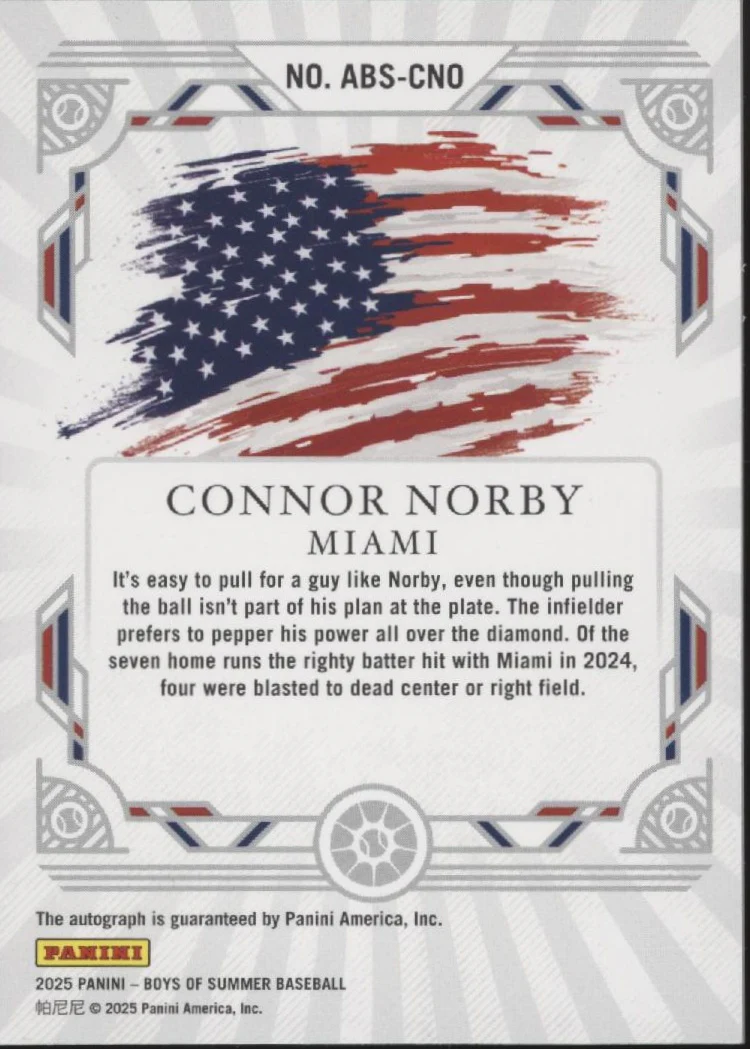 Connor Norby 2025 Panini Boys of Summer America's Best Auto 50/99 #ABS-CNO