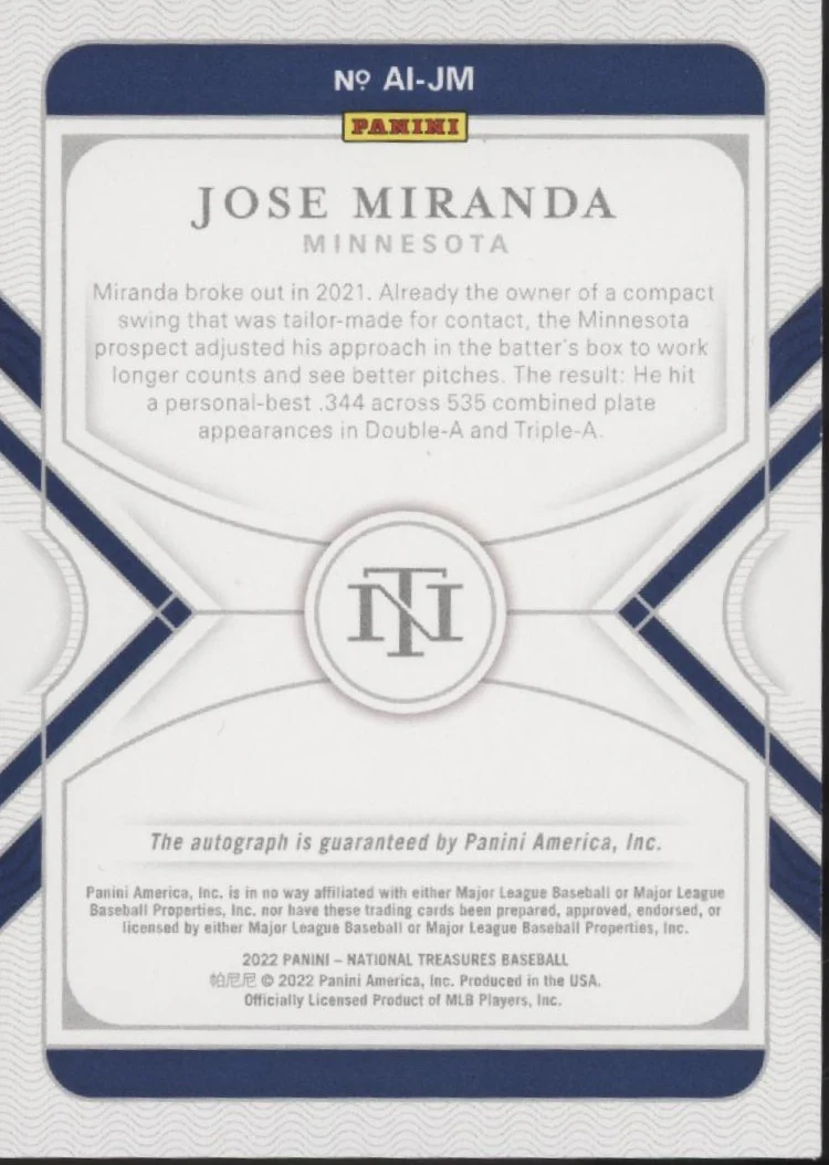 1842-jose-miranda-2022-panini-national-treasures-apprentice-ink-auto-39-99-ai-jm-2.webp Jose Miranda 2022 Panini National Treasures Apprentice Ink Auto 39/99 #AI-JM