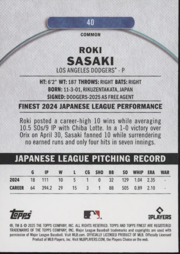 1866-roki-sasaki-2025-topps-finest-sky-blue-refractor-rc-270-325-40-2.webp Roki Sasaki 2025 Topps Finest Sky Blue Refractor RC 270 #325 #40