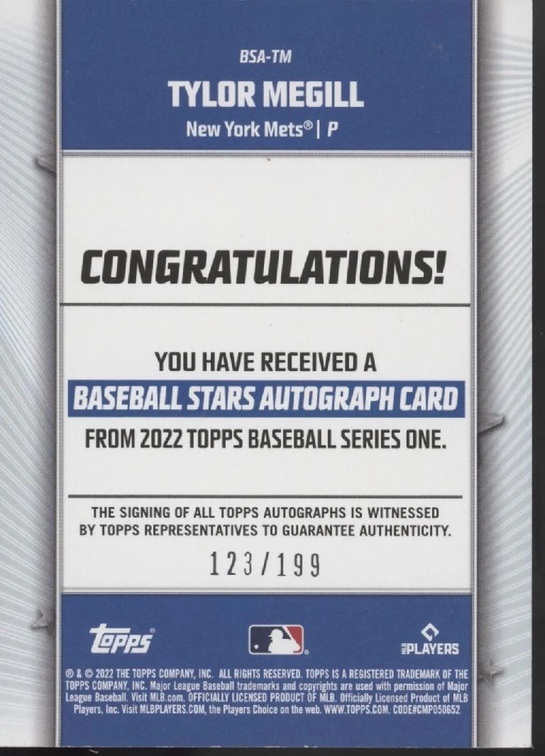Tylor Megill 2022 Topps Stars RC Auto 123/199 #BSA-TM