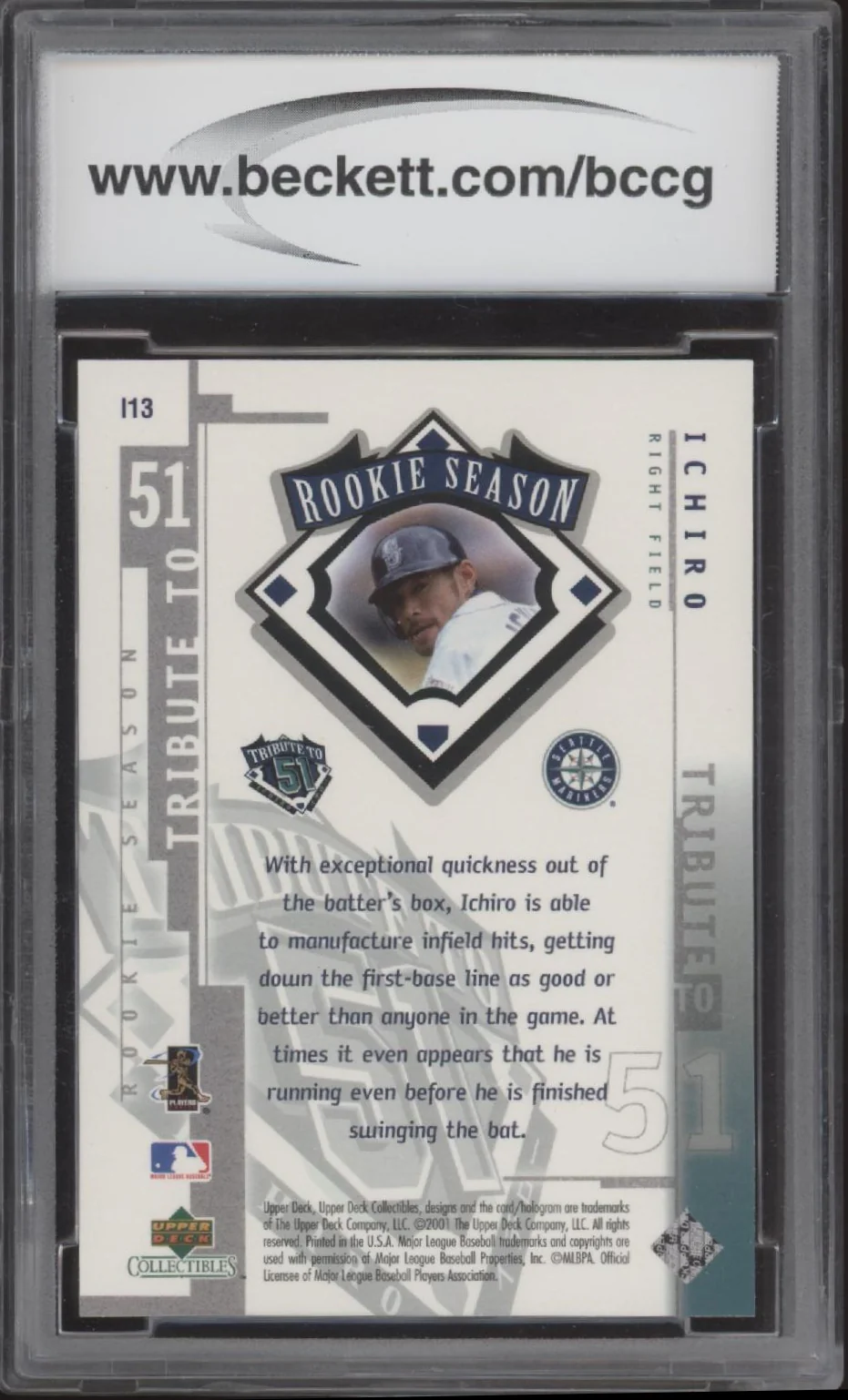 1881-ichiro-suzuki-2001-upper-deck-collectibles-tribute-to-51-i13-beckett-10-2.webp Ichiro Suzuki 2001 Upper Deck Collectibles Tribute to 51 #I13 Beckett 10