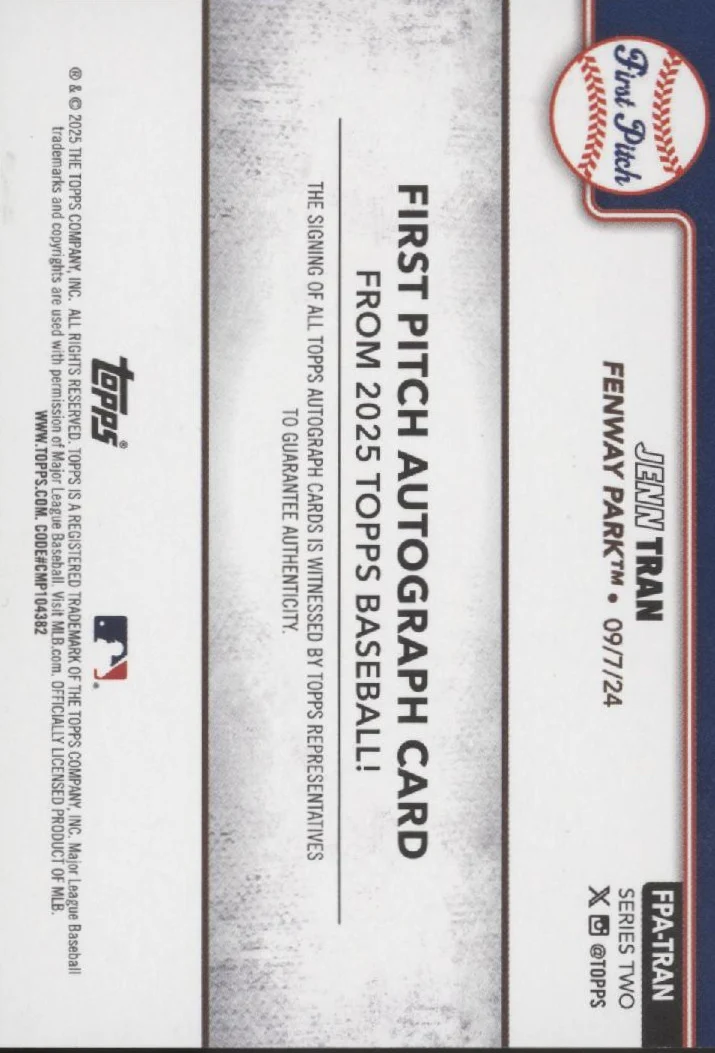 1884-jenn-tran-2025-topps-series-2-first-pitch-auto-fpa-tran-2.webp Jenn Tran 2025 Topps Series 2 First Pitch Auto #FPA-TRAN