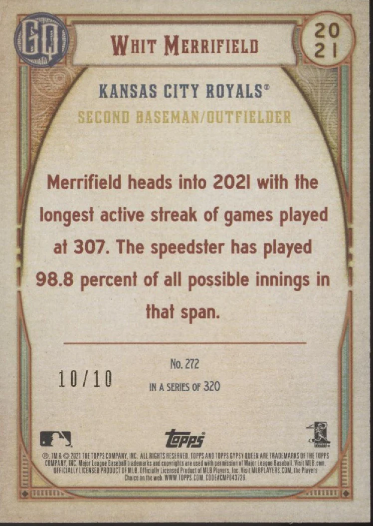 Whit Merrifield 2021 Topps Gypsy Queen Red 10/10 #272