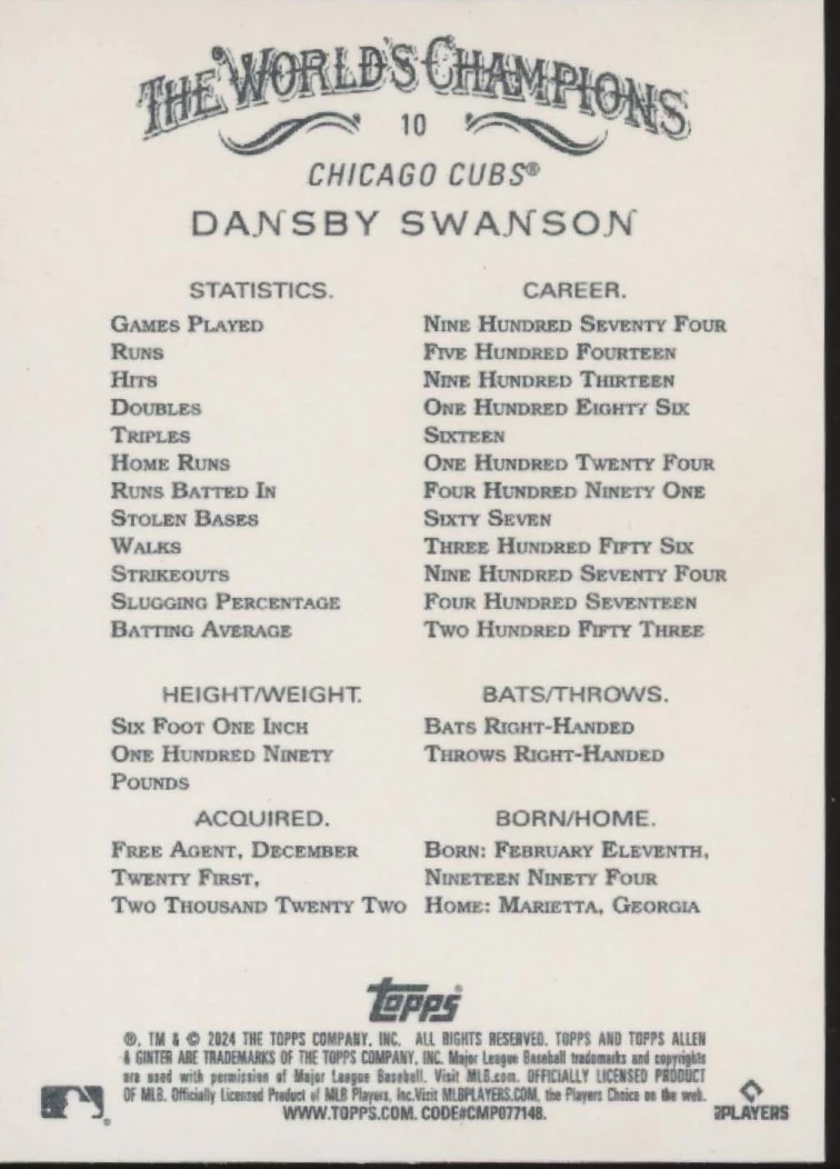 Dansby Swanson 2024 Topps Allen & Ginter Gold Foil Border 33/50 #10