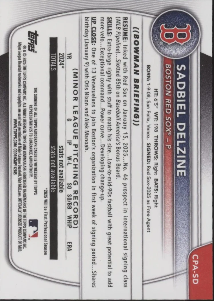 Sadbiel Delzine 2025 Bowman Chrome Prospects Auto #CPA-SD