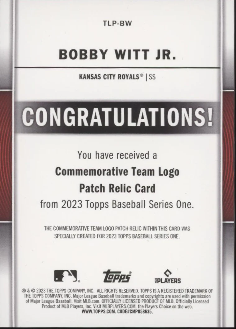 Bobby Witt Jr. 2023 Topps Series 1 Commemorative Team Logo Patch #TLP-BW