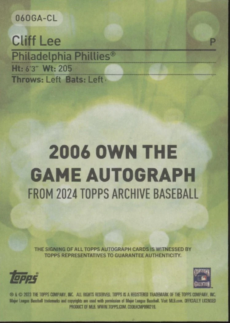Cliff Lee 2023 Topps Archives Own the Game Auto #060GA-CL