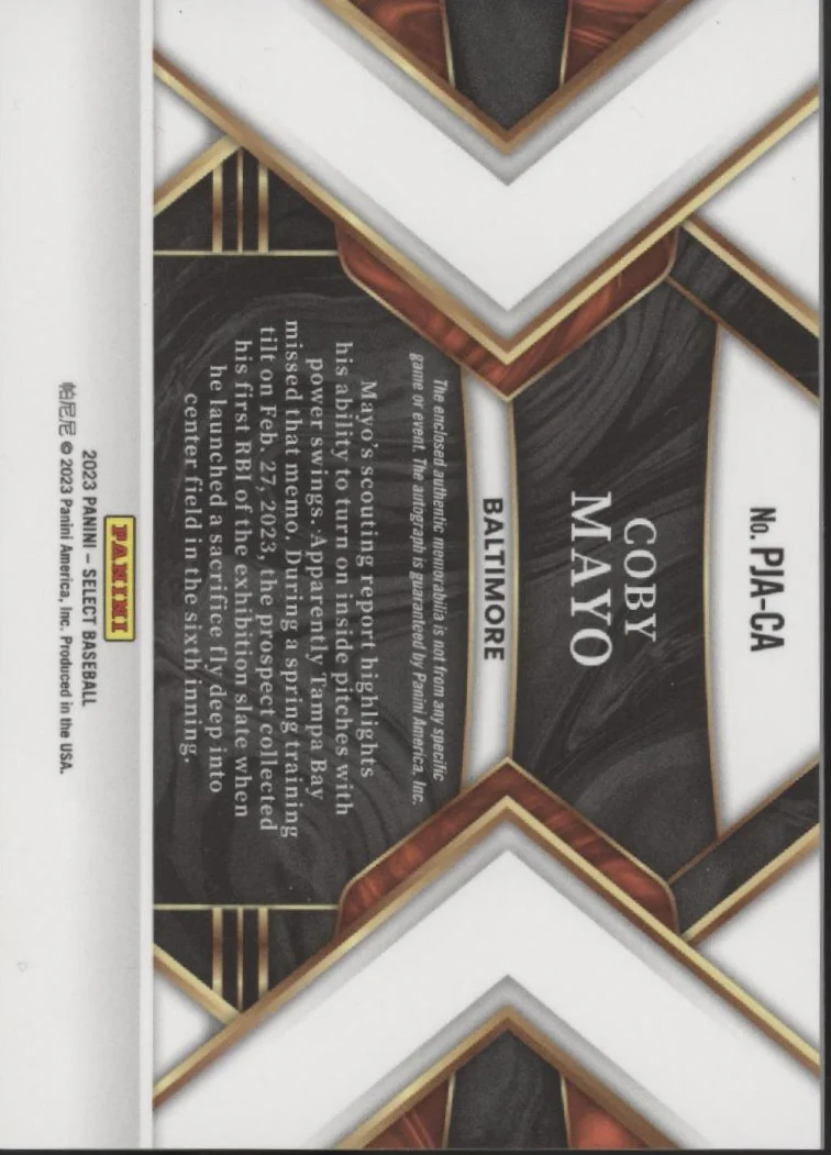 Coby Mayo 2023 Panini Select Swatch RC Auto #PJA-CA
