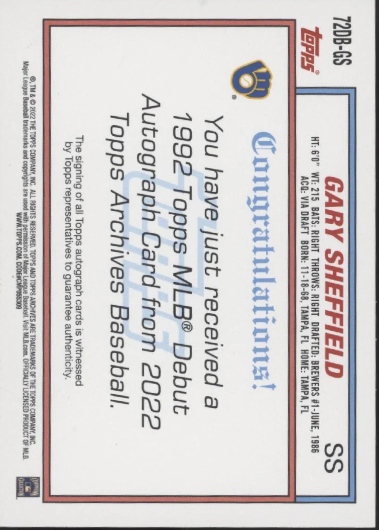 Gary Sheffield 2022 Topps Archives '92 MLB Debut Auto #72DB-GS