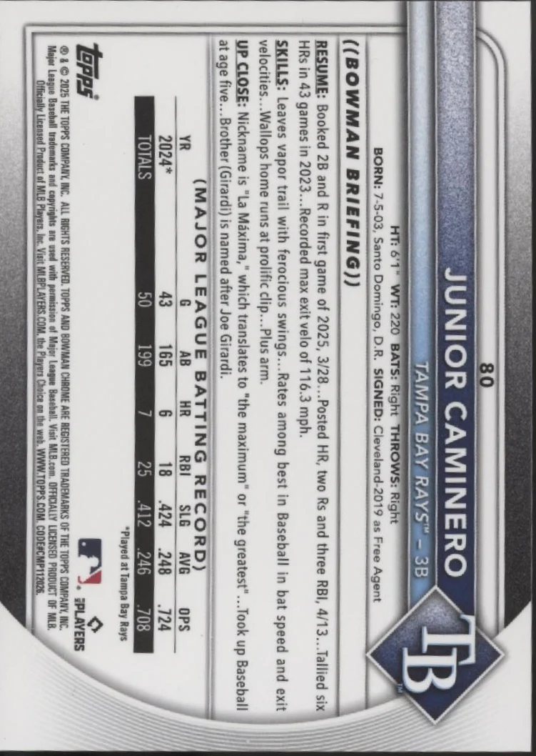 Junior Caminero 2025 Bowman Chrome Orange Cracked Ice Refractor 14/25 #80