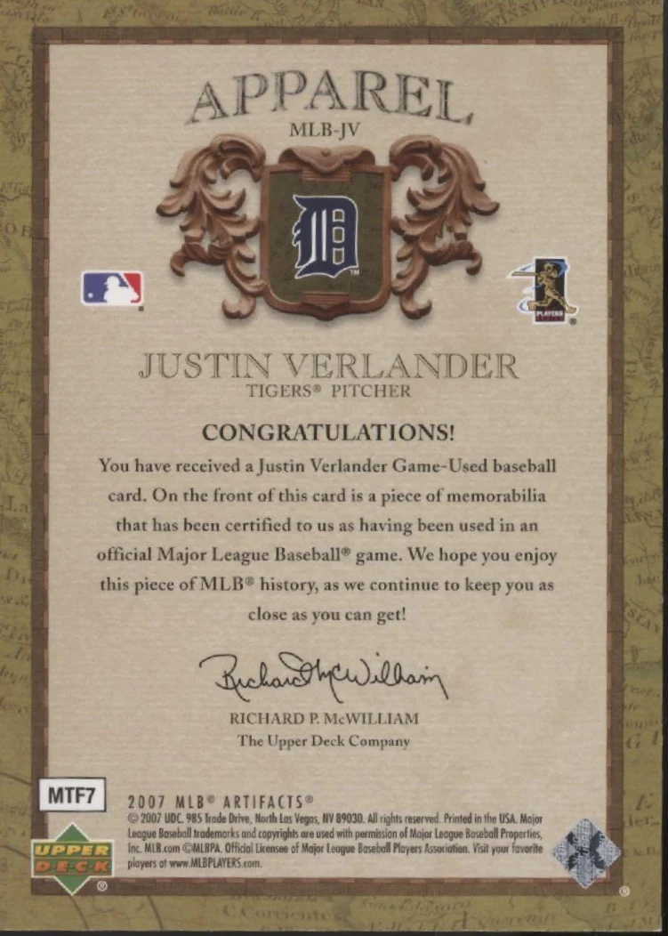 Justin Verlander 2007 Upper Deck Artifacts Apparel Swatch 119/199 #MLB-JV