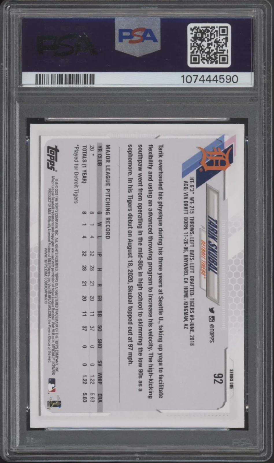Tarik Skubal 2021 Topps Series 1 RC #92 PSA 9 #1