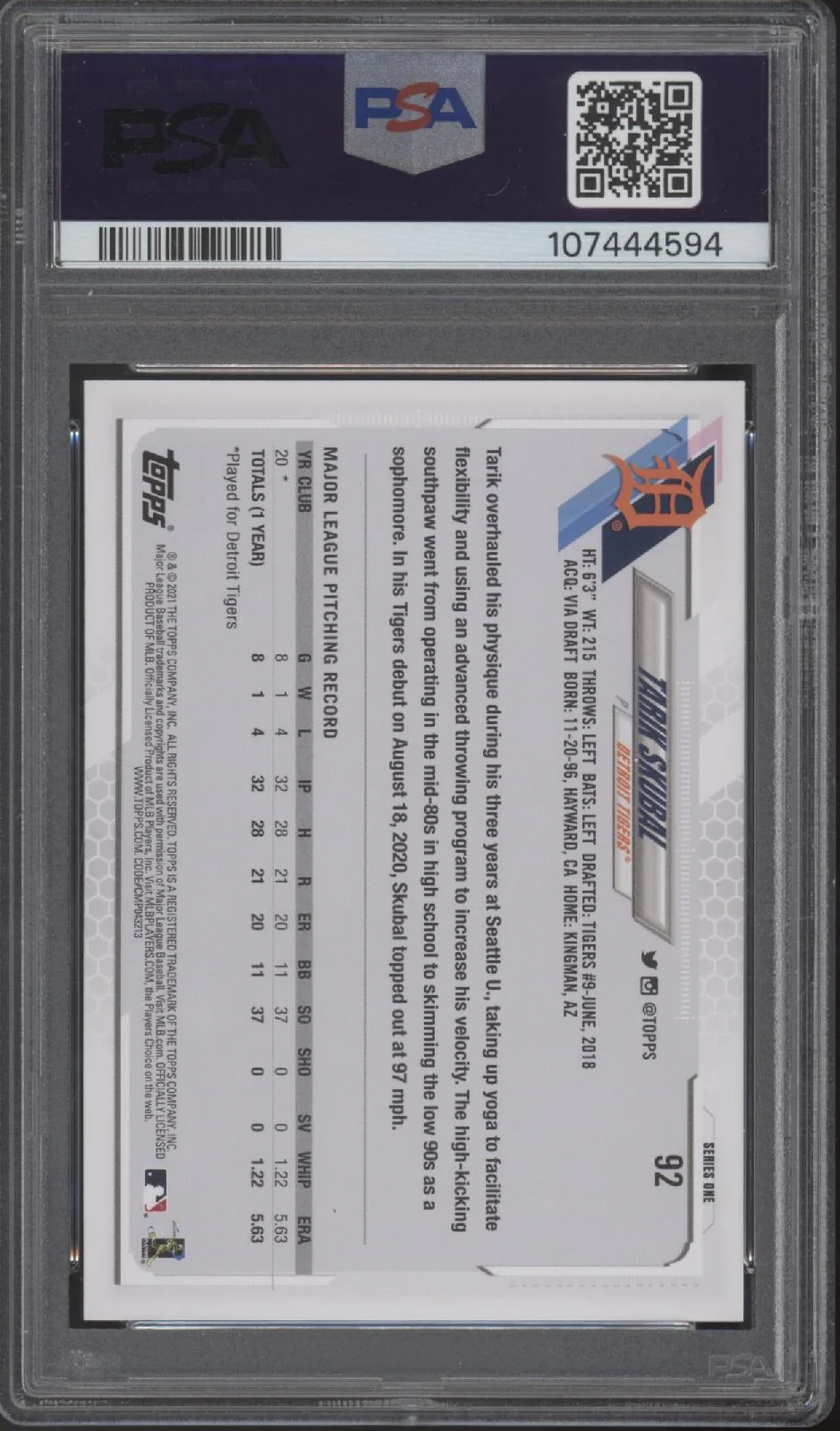 Tarik Skubal 2021 Topps Series 1 RC #92 PSA 9 #2