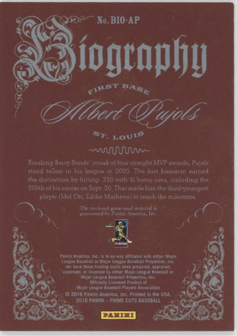 1968-albert-pujols-2016-panini-prime-cuts-biography-swatch-33-49-bio-ap-2.webp Albert Pujols 2016 Panini Prime Cuts Biography Swatch 33/49 #BIO-AP