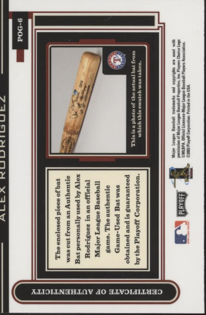 1972-alex-rodriguez-2003-playoff-piece-of-the-game-bat-relic-pog-6-2.webp Alex Rodriguez 2003 Playoff Piece of the Game Bat Relic #POG-6