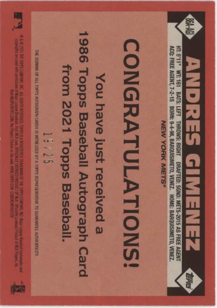 Andres Gimenez 2021 Topps 35th Anniversary '86 Auto 19/25 #86A-AGI