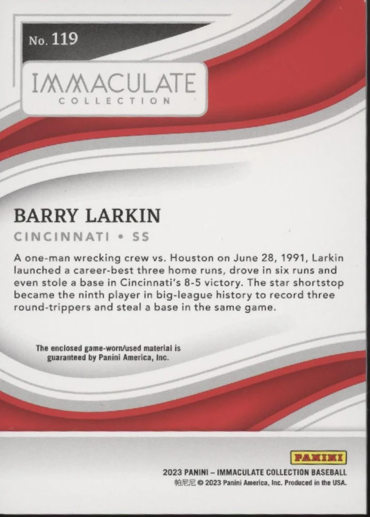 Barry Larkin 2023 Panini Immaculate Collection Swatch 08/10 #199