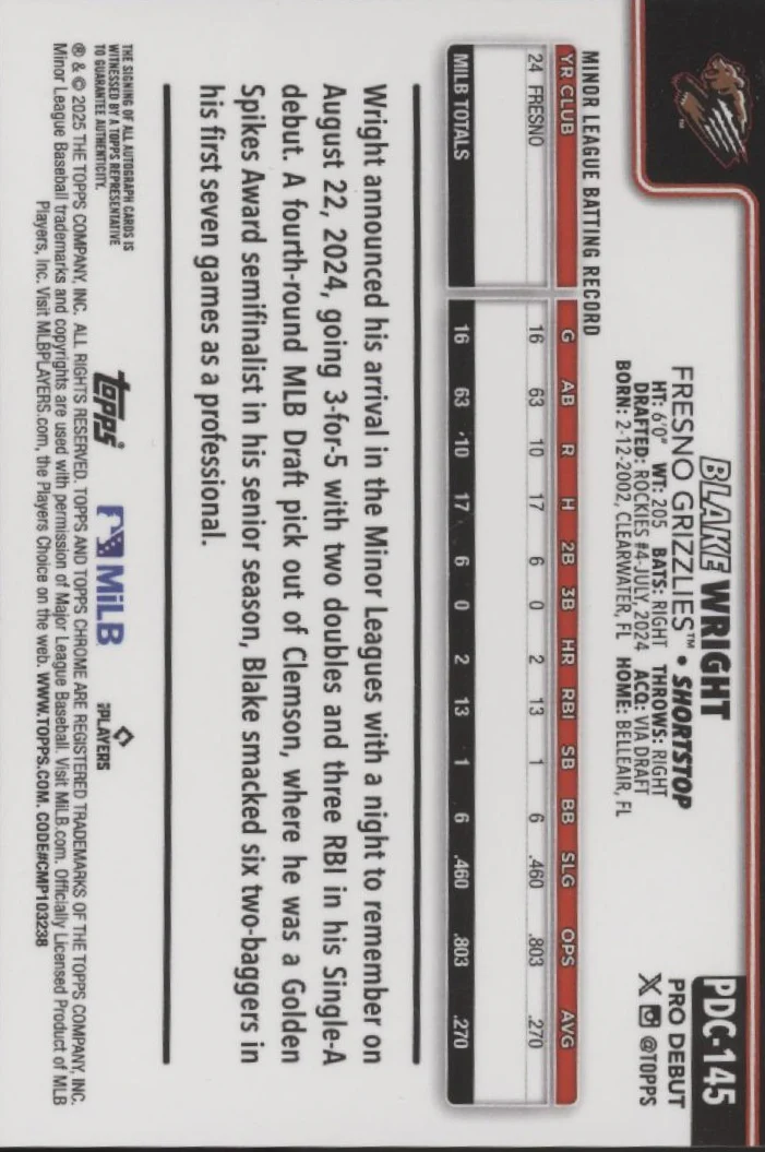 Blake Wright 2025 Topps Chrome Pro Debut Orange Refractor Auto 13/25 #PDC-145