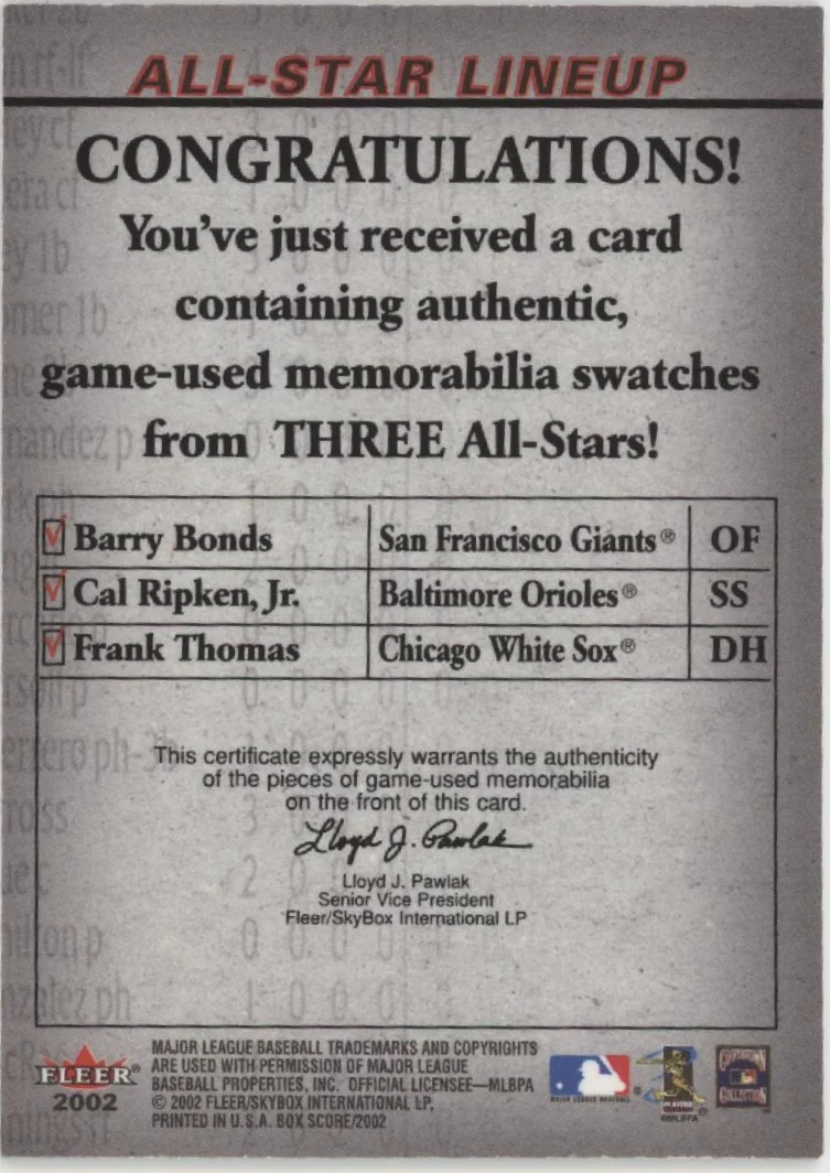 Bonds / Ripken / Thomas 2002 Fleer Box Score All-Star Lineup Relics