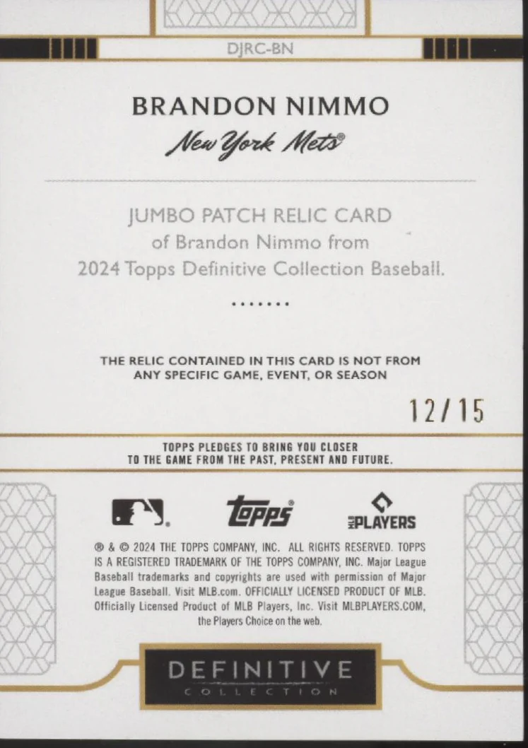 1984-brandon-nimmo-2024-topps-definitive-collection-swatch-12-15-djrc-bn-2.webp Brandon Nimmo 2024 Topps Definitive Collection Swatch 12/15 #DJRC-BN