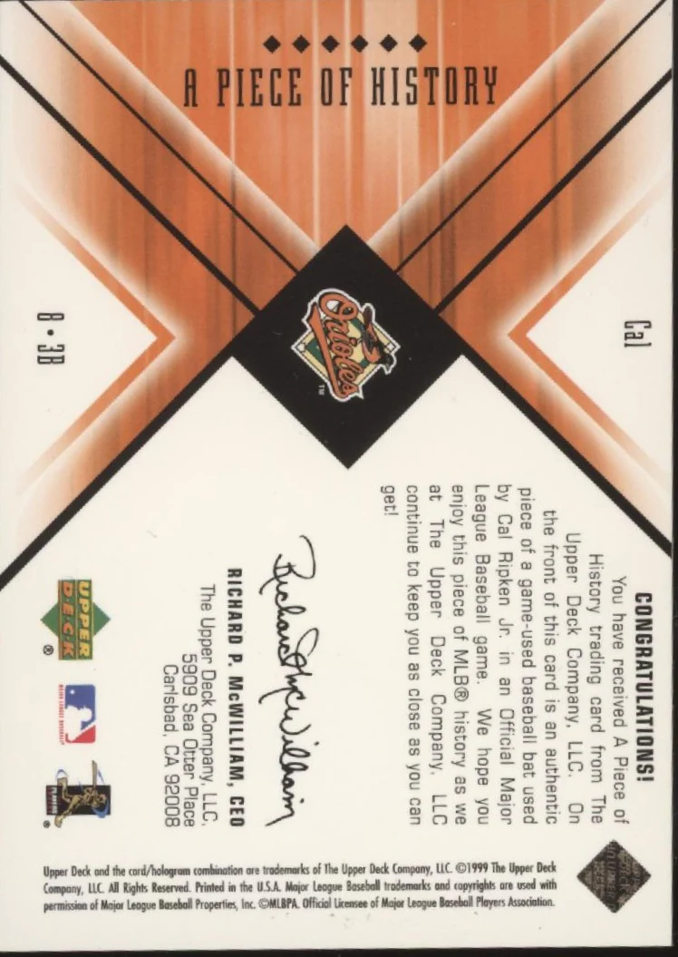 Cal Ripken Jr. 1999 Upper Deck Black Diamond A Piece of History Bat Relic