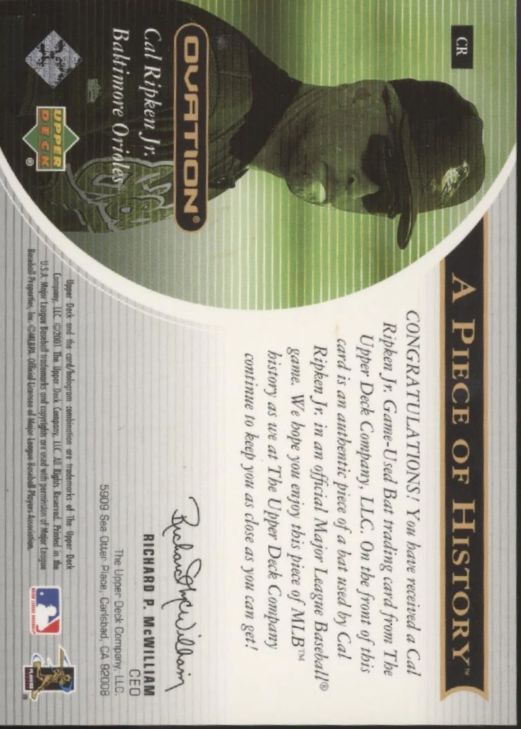Cal Ripken Jr. 2001 Donruss Ovation A Piece of History Bat Relic #CR