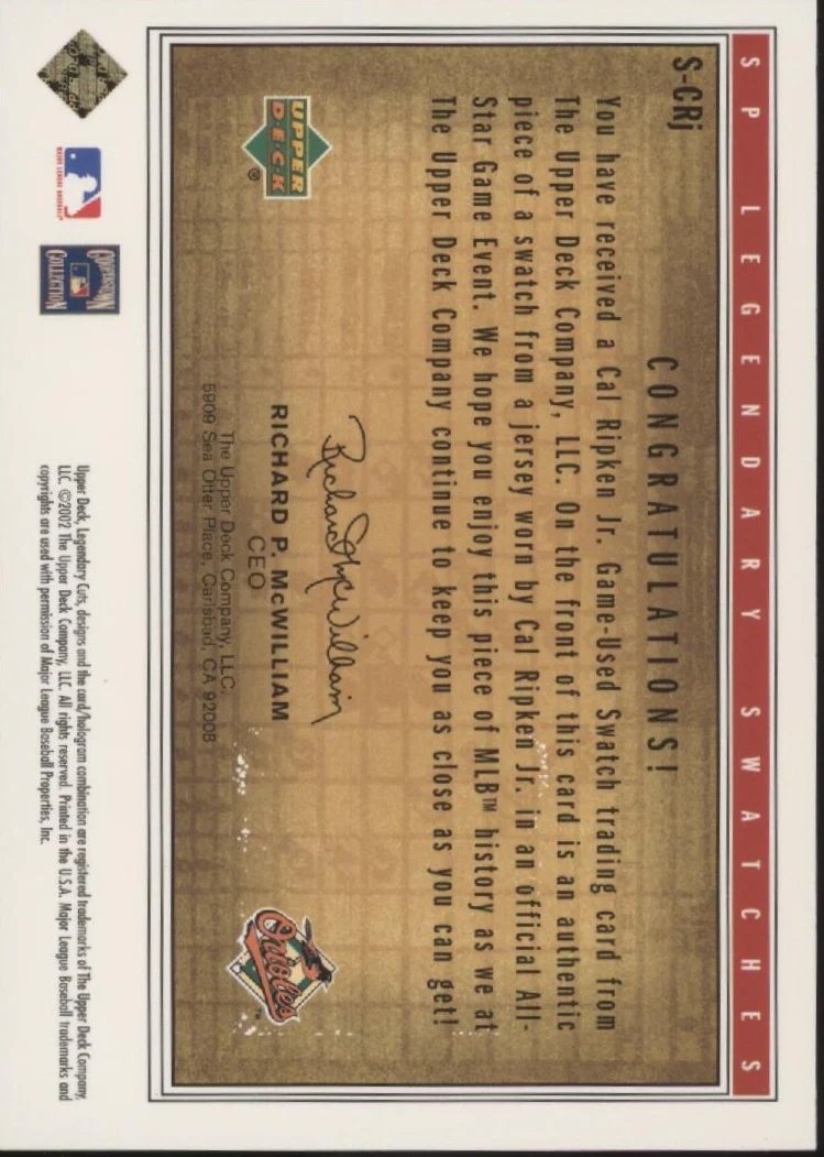 Cal Ripken Jr. 2002 Upper Deck SP Legendary Cuts Swatch #S-CRJ
