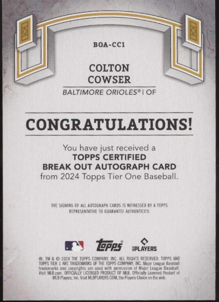 2004-colton-cowser-2024-topps-tier-one-break-out-rc-auto-06-99-boa-cc1-2.webp Colton Cowser 2024 Topps Tier One Break Out RC Auto 06/99 #BOA-CC1