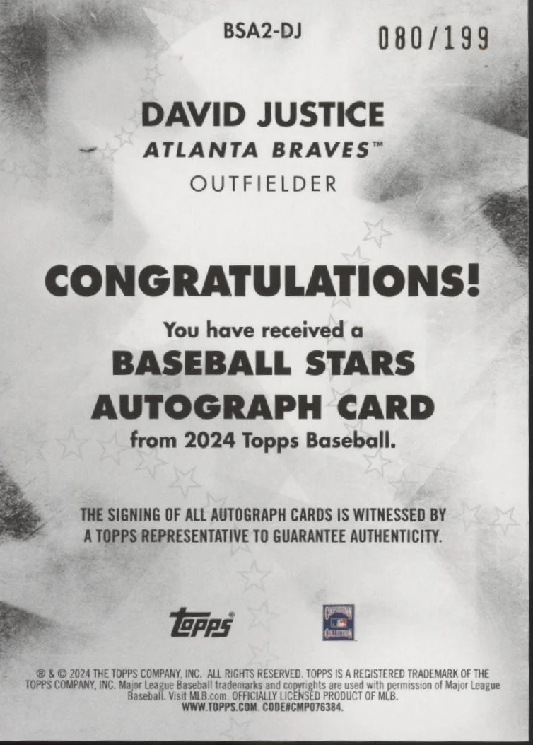 David Justice 2024 Topps Series 2 Black Auto 080/199 #BSA2-DJ