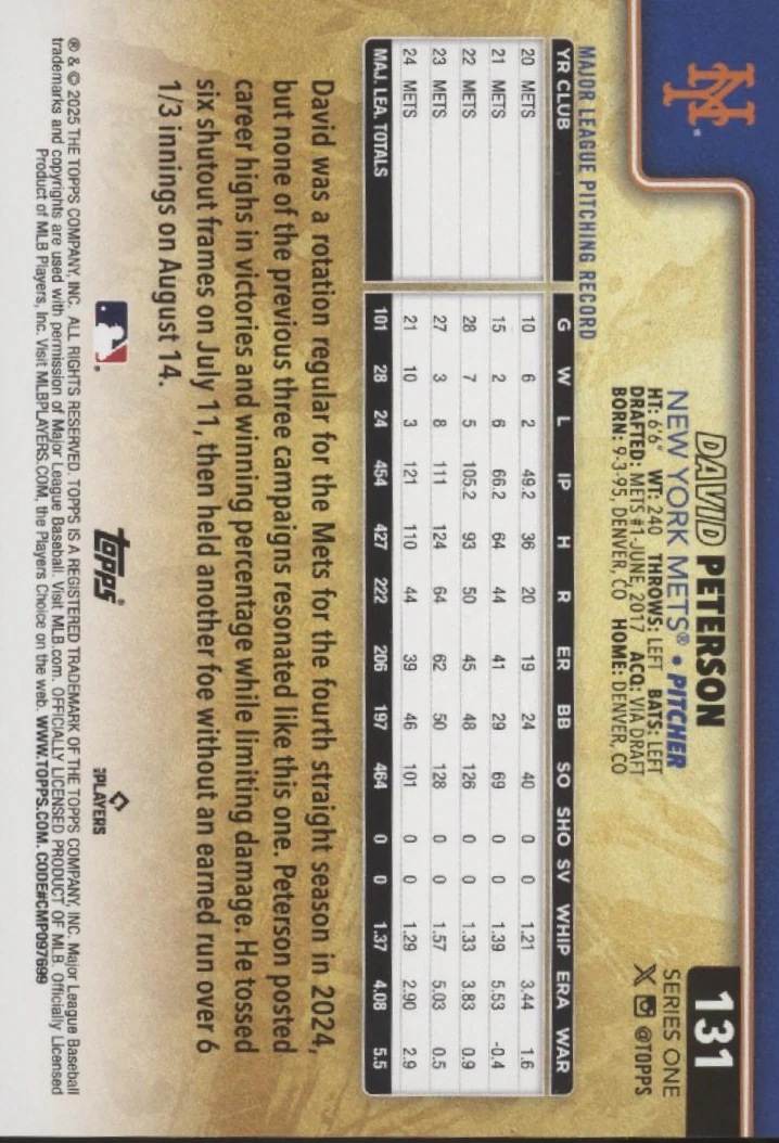 David Peterson 2025 Topps Series 1 Golden Mirror Image Variation #131