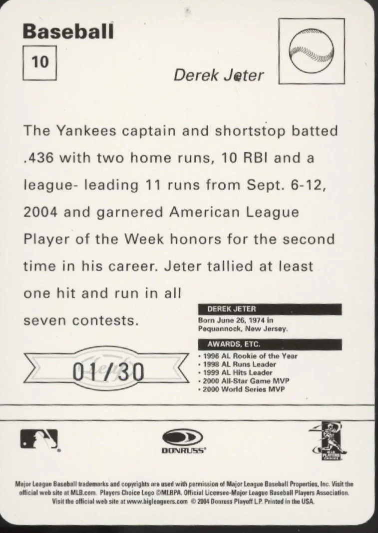Derek Jeter 2004 Donruss Sportscasters Orange 01/30 #10