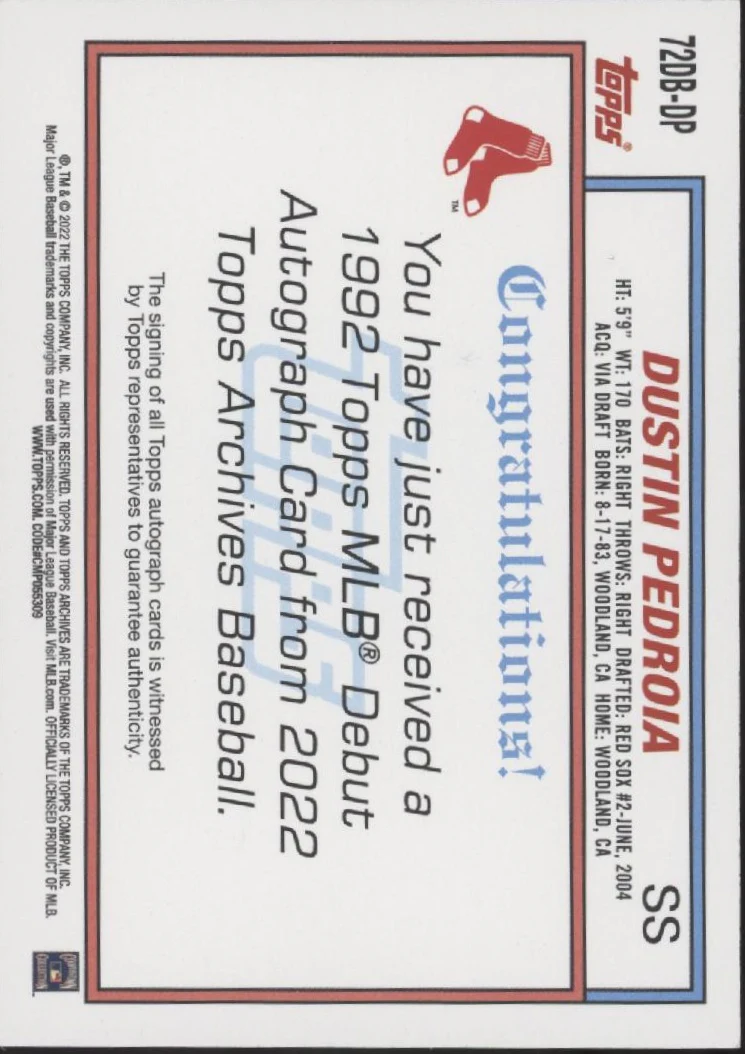 Dustin Pedroia 2022 Topps Archives '92 MLB Debut Auto #72DB-DP