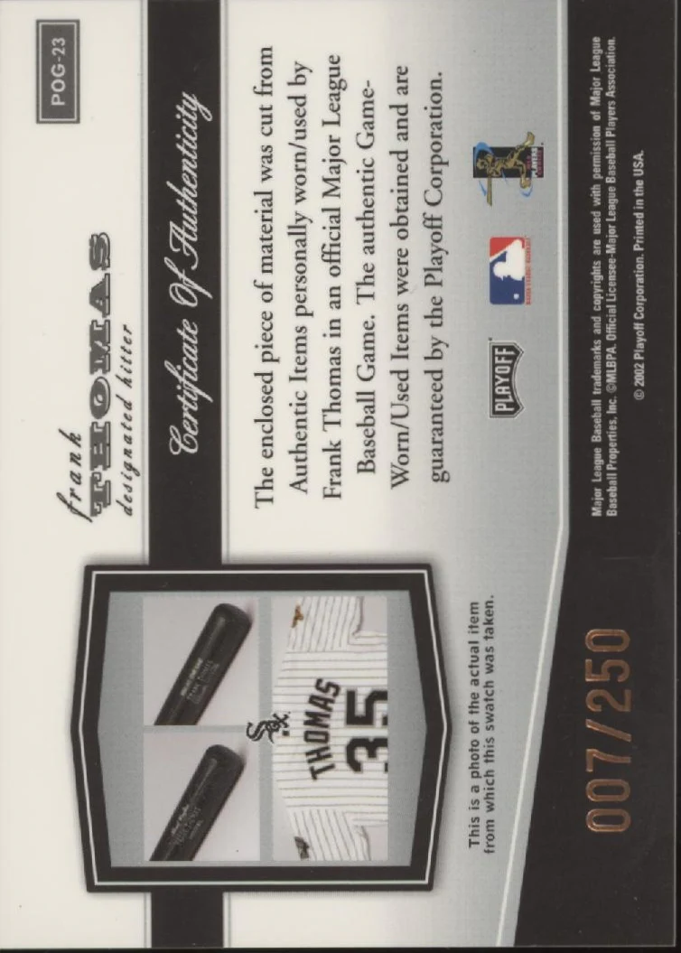 2023-frank-thomas-2002-playoff-piece-of-the-game-bat-relic-007-250-pog-23-2.webp Frank Thomas 2002 Playoff Piece of the Game Bat Relic 007/250 #POG-23