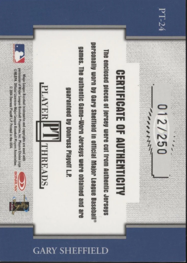 Gary Sheffield 2004 Donruss Throwback Threads Player Threads Swatch 012/250