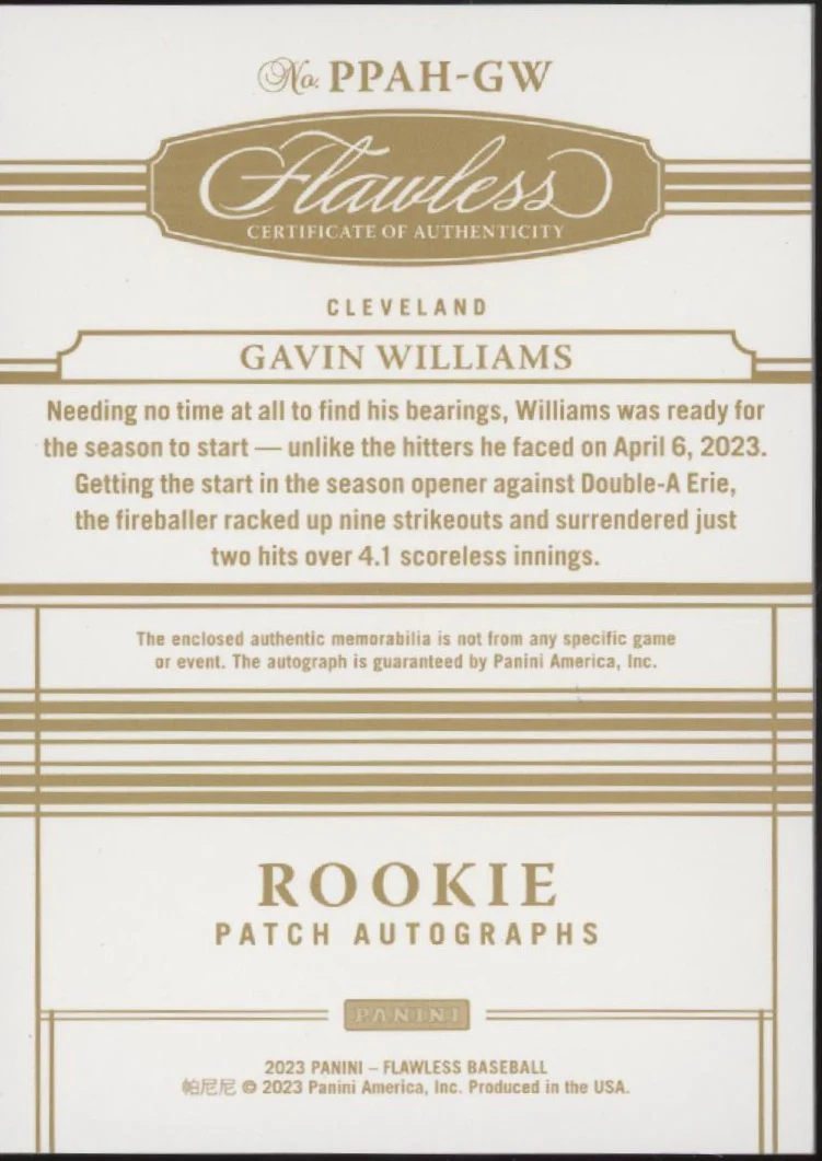 2027-gavin-williams-2023-panini-flawless-red-swatch-rc-auto-04-20-ppah-gw-2.webp Gavin Williams 2023 Panini Flawless Red Swatch RC Auto 04/20 #PPAH-GW