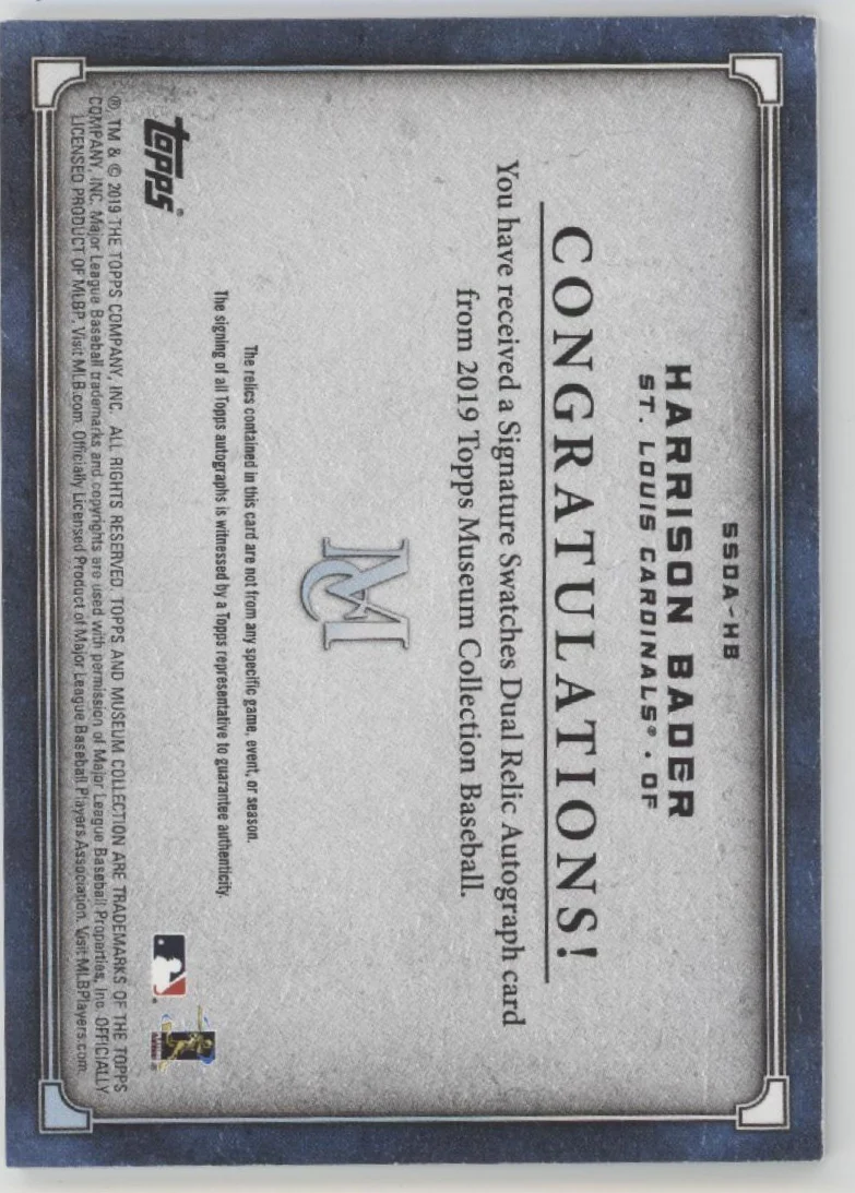 Harrison Bader 2019 Topps Museum Collection Swatch Auto 153/299 #SSDA-HB