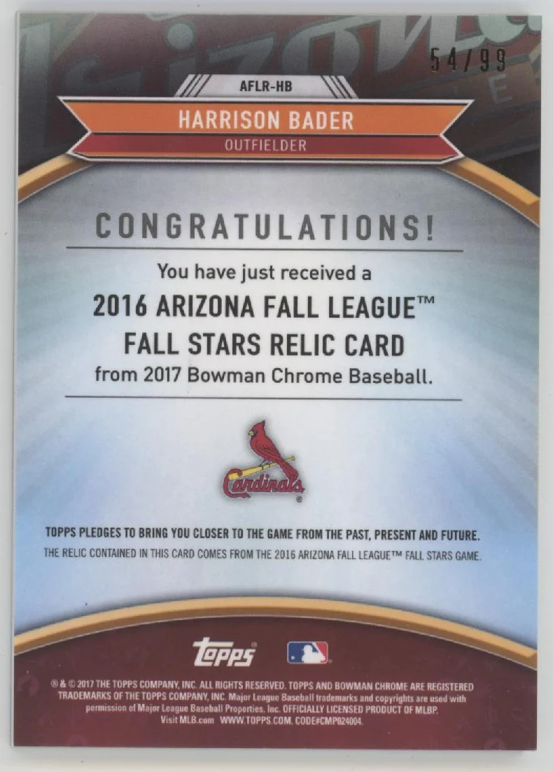 2036-harrison-bader-2017-bowman-chrome-16-arizona-fall-league-stars-swatch-54-99-2.webp Harrison Bader 2017 Bowman Chrome '16 Arizona Fall League Stars Swatch 54/99