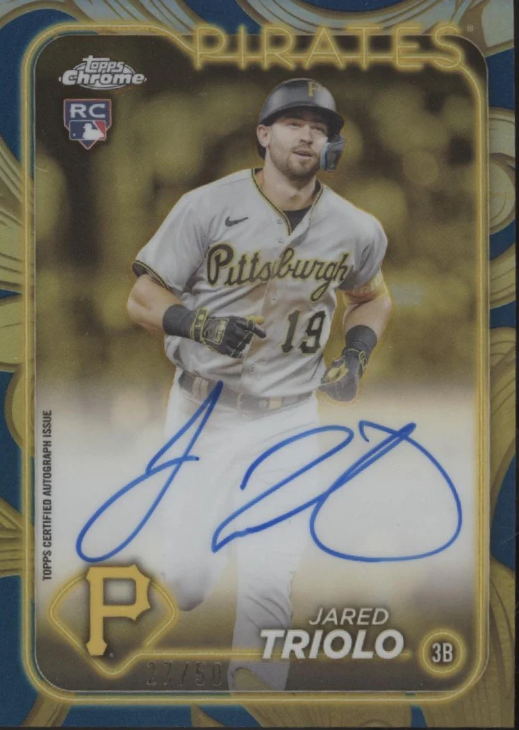 2045-jared-triolo-2024-topps-chrome-gilded-blue-gold-refractor-rc-auto-27-50-cga-jtr-1.webp Jared Triolo 2024 Topps Chrome Gilded Blue Gold Refractor RC Auto 27/50 #CGA-JTR