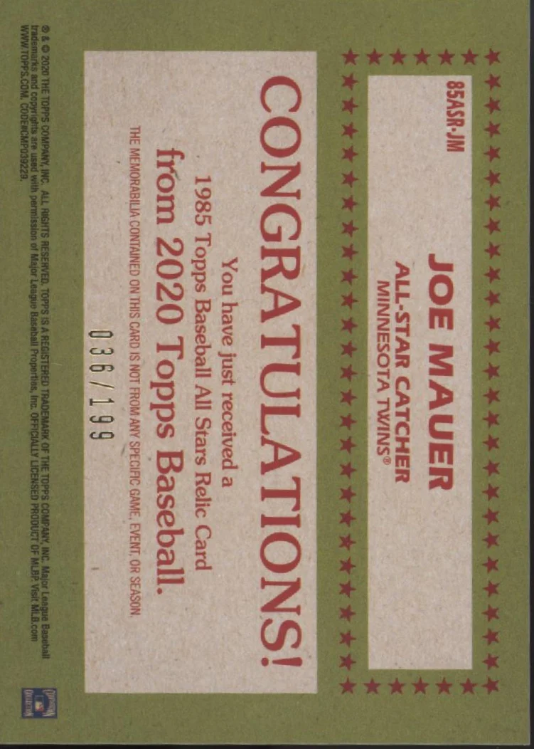 Joe Mauer 2020 Topps 35th Anniversary '85 All Star Black Border Swatch 036/199