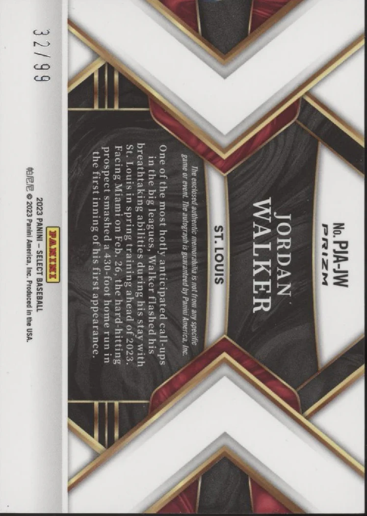 Jordan Walker 2023 Panini Select Refractor Swatch RC Auto 32/99 #PJA-JW