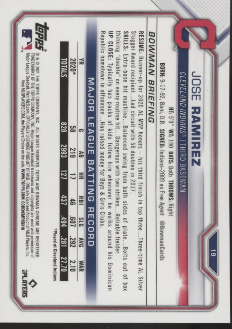 Jose Ramirez 2021 Bowman Chrome Veterans Orange Ice Refractor 17/75 #19