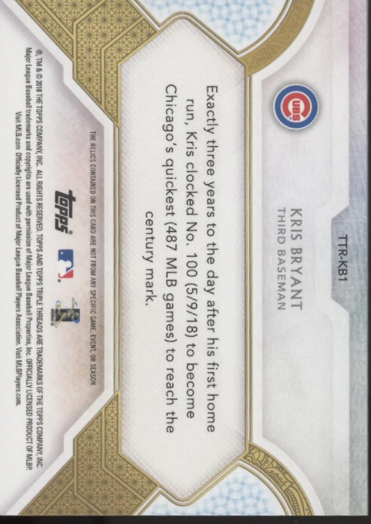 Kris Bryant 2018 Topps Triple Threads Sapphire Swatch 3/3 #TTR-KB1