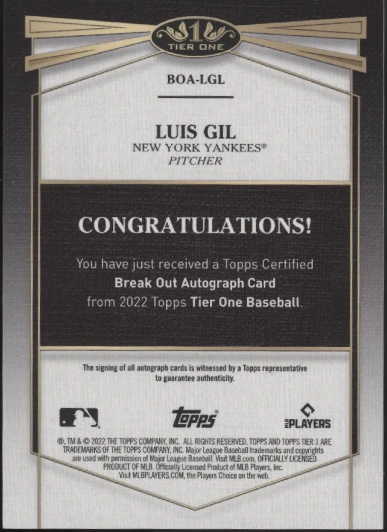 2069-luis-gil-2022-topps-tier-one-rc-auto-059-299-boa-lgl-2.webp Luis Gil 2022 Topps Tier One RC Auto 059/299 #BOA-LGL