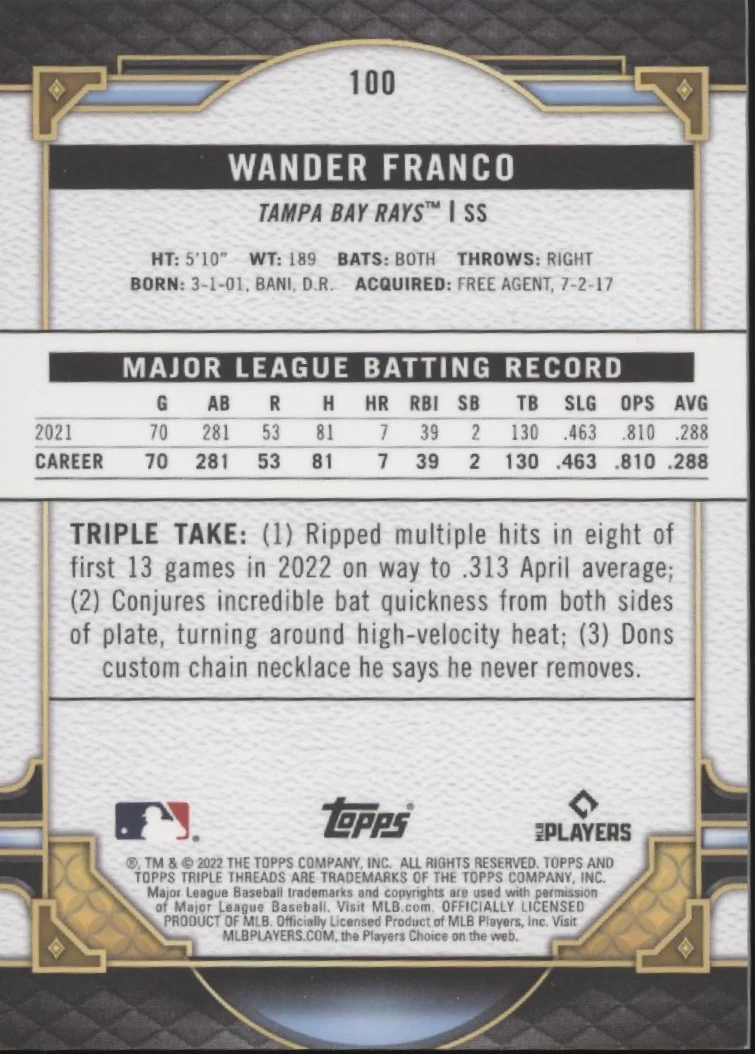 2110-wander-franco-2022-topps-triple-threads-gold-rc-77-99-100-2.webp Wander Franco 2022 Topps Triple Threads Gold RC 77/99 #100